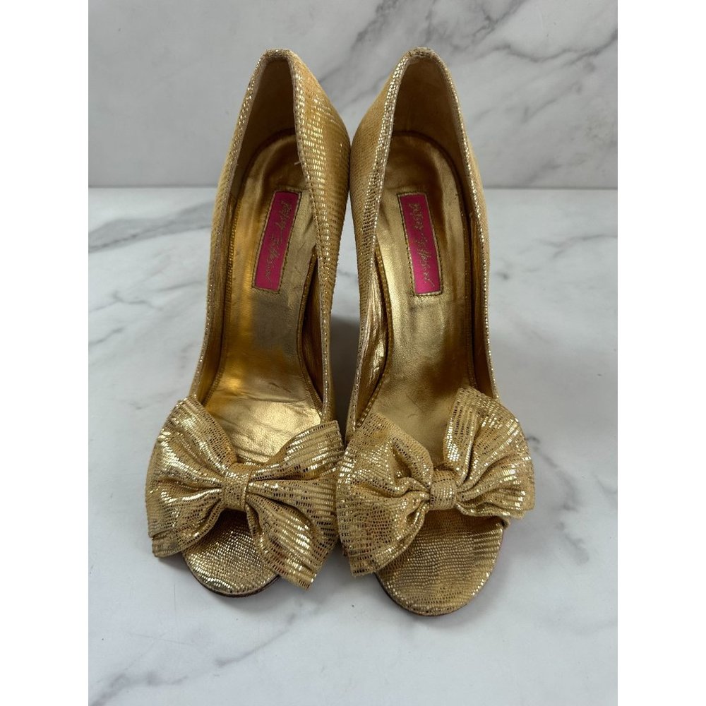 Betsey Johnson Gold Bow Peep Toe Heels